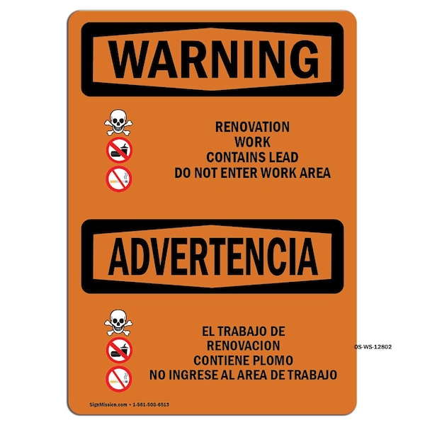 Safety Sign, OSHA WARNING, 18" Height, Renovation Work Contains Lead, Landscape, WS-D-1824-L-12802